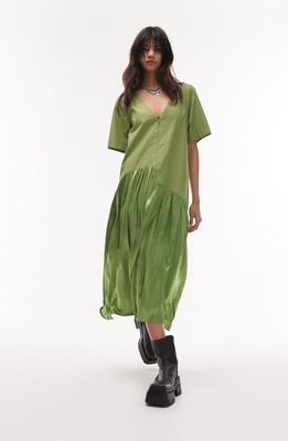 Topshop Front Zip Cotton Midi Dress in Khaki