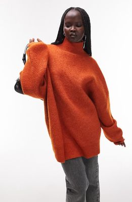 Topshop Funnel Neck Rib Sweater in Orange