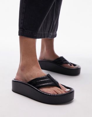 Topshop Gigi toepost sunken footbed sandals in black lizard