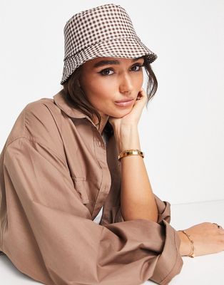 Topshop gingham bucket hat in brown