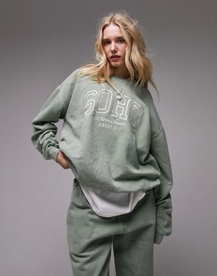 Topshop graphic embroidered Soho oversized vintage wash sweatshirt in green - part of a set