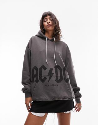 Topshop graphic license AC/DC oversized hoodie in washed black