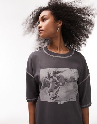 Topshop graphic license Museum of Youth Culture skateboarder oversized tee in slate-Black