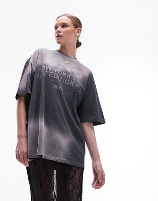 Topshop graphic New York spray oversized tee in charcoal-Gray
