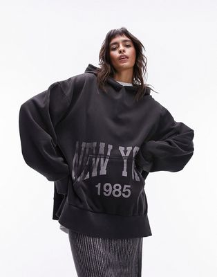 Topshop graphic New York washed oversized hoodie in charcoal-Gray