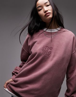 Topshop graphic NYC embroidered chain stitch vintage wash oversized sweatshirt in mauve-Purple