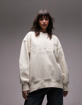 Topshop graphic studio oversized curved hem sweat in oat-Neutral