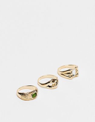 Topshop green and crystal textured dome 3 pack ring-Gold