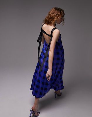 Topshop grosgrain contrast strap blurred check midi slip dress in blue