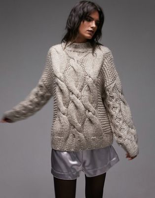 Topshop hand knitted chunky cable sweater in stone-Neutral