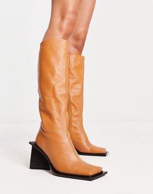 Topshop Heather premium leather under the knee boots in camel-Brown