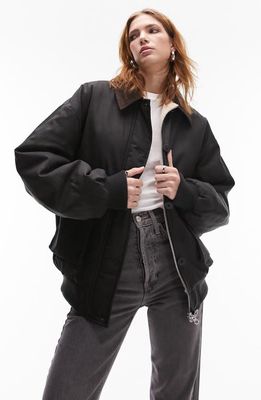 Topshop Heritage Oversize Crop Waxed Cotton Jacket with Faux Shearling Lining in Black