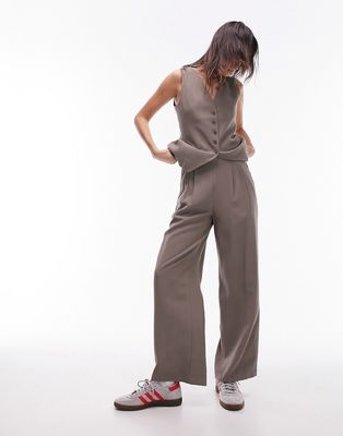 Topshop high waist button detail soft tailored pants in mink - part of a set-Gray