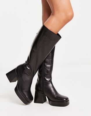 Topshop Holly premium leather platform knee-high boots in black