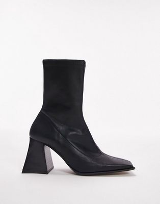 Topshop Honey premium leather block heel ankle boot in black