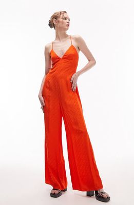 Topshop Jacquard Sleeveless Wide Leg Jumpsuit in Red