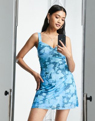 Topshop jersey twist front in blurred floral mesh mini dress in blue