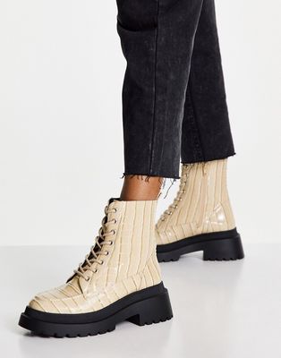 Topshop Kara Chunky Croc Lace Up Boot in Off White