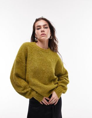 Topshop knit boxy boucle sweater in dark green