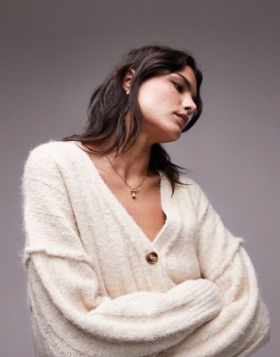 Topshop knit fluffy v-neck cardigan in ivory-White