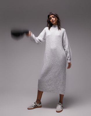 Topshop knit high neck wide rib midi dress in gray