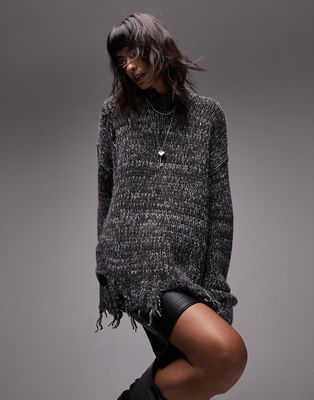 Topshop knit oversized distressed sweater in charcoal-Gray