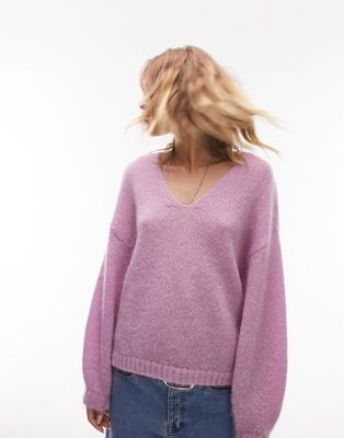 Topshop knit premium V-neck mohair sweater in pink