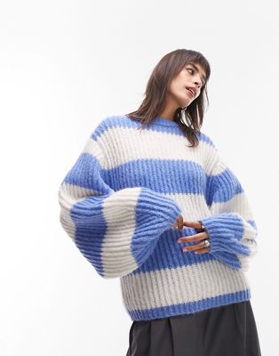 Topshop knit volume sleeve fluffy striped sweater in blue & white-Multi