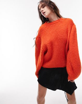 Topshop knit volume sleeve fluffy sweater in orange