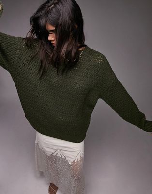 Topshop knitted crew neck sweater in green