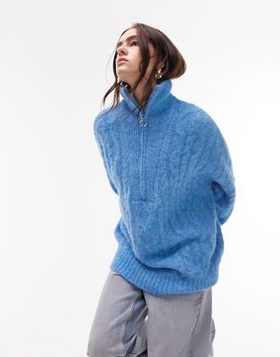 Topshop knitted fluffy cable zip front sweater in blue
