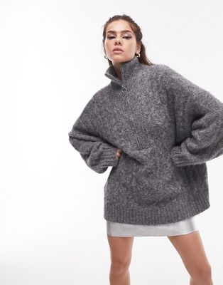 Topshop knitted fluffy cable zip front sweater in gray