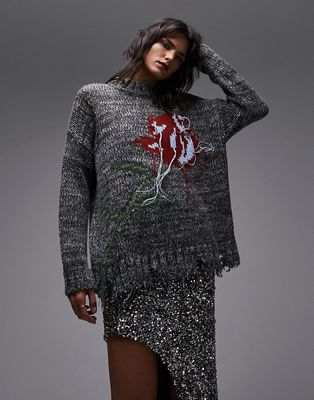 Topshop knitted graphic rose sweater in black
