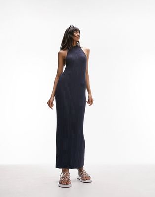 Topshop knitted halter neck ribbed midi dress in blue