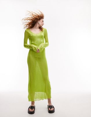 Topshop knitted long sleeve sheer dress in lime-Green