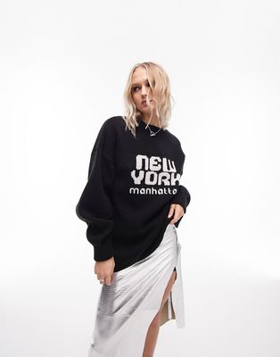 Topshop knitted New York sweater in monochrome-Multi