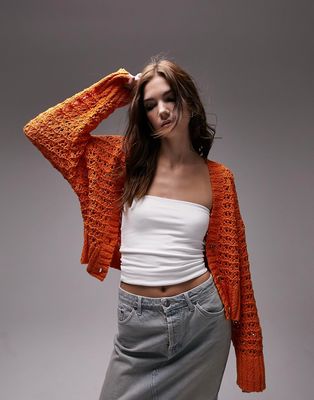 Topshop knitted open stitch cardigan in orange