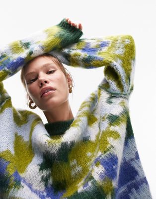 Topshop knitted oversized abstract print sweater in multi
