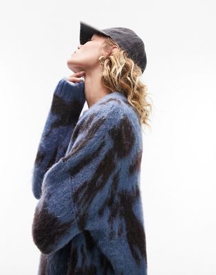Topshop knitted oversized animal sweater in blue and choc-Multi