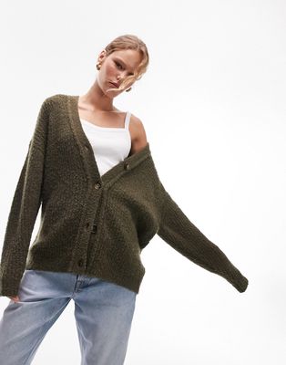 Topshop knitted plated boyfriend long line boucle cardigan in khaki-Green