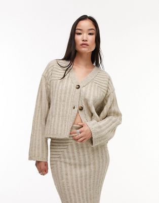 Topshop knitted premium plated cardigan in stone-Neutral