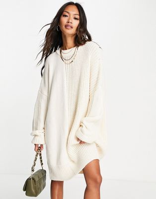 Topshop knitted ribbed crew neck dress in cream-White