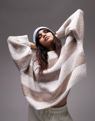 Topshop knitted slouchy sweater in cream and mink-Multi