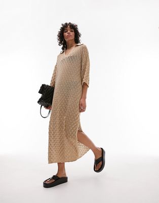 Topshop knitted stitchy polo maxi dress in neutral