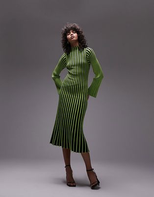 Topshop knitted stripe long sleeve midi dress in lime-Multi