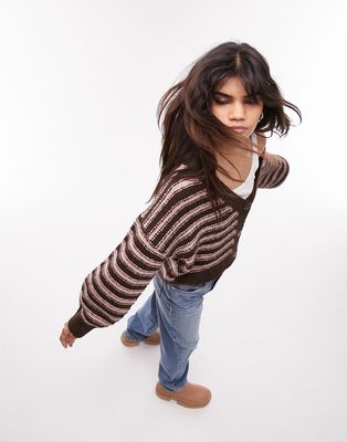 Topshop knitted textured stripe cardi in chocolate and pink-Multi