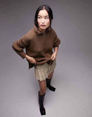 Topshop knitted zip collar rib sweater in brown