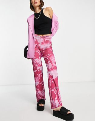 Topshop knot front straight leg pants in pink abstract print