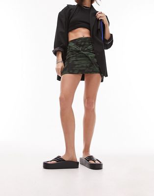 Topshop knotted blurred print mini skirt in khaki-Green