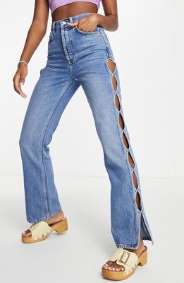 Topshop Kort High Waist Keyhole Straight Leg Jeans in Mid Blue